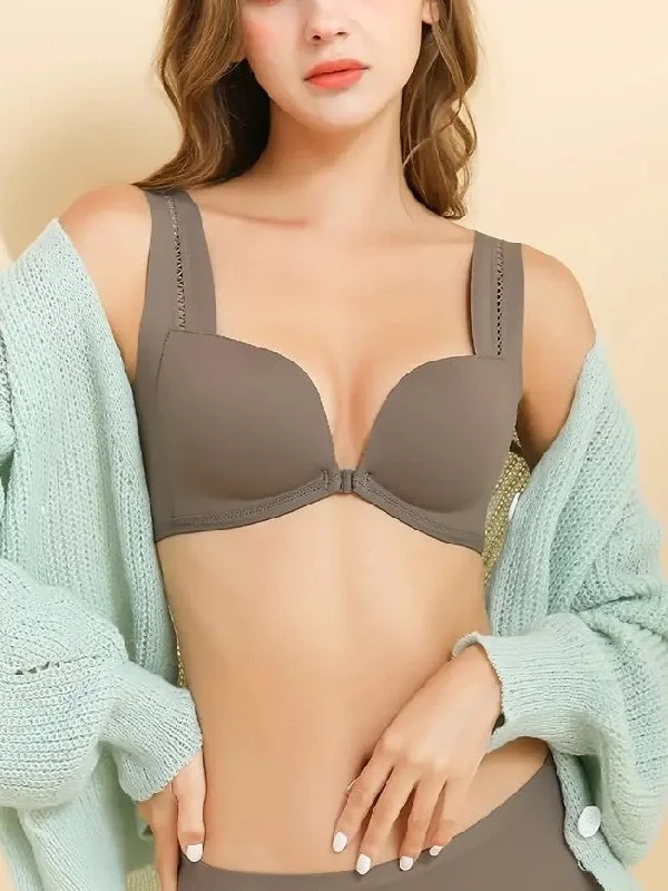 Bra with a multi - way strap system for different outfits Front Closure Wide Strap Push-Up Wireless Bra Brown Bra with a multi - way strap system for different outfits Front Closure Wide Strap Push-Up Wireless Bra Brown