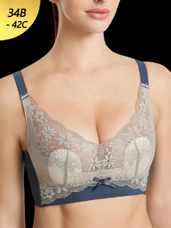 Bra with a plus - size adjustable strap for added comfort Lace Floral See Through Wireless Rabbits Ear Shaped Lined Bras Bra with a plus - size adjustable strap for added comfort Lace Floral See Through Wireless Rabbits Ear Shaped Lined Bras