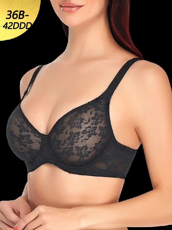 Bra with a plus - size wireless option for comfort​ Lace Full Bust Non-padded Push Up Underwire Bra
