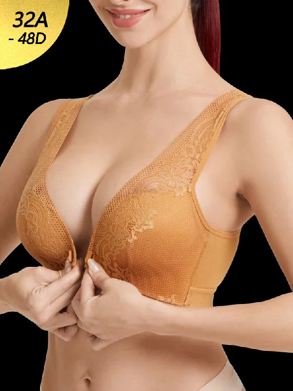 Bra with a seamless memory foam cup for a smooth silhouette Lace V-Neck Beauty Back Front Closure Support Bra Bra with a seamless memory foam cup for a smooth silhouette Lace V-Neck Beauty Back Front Closure Support Bra