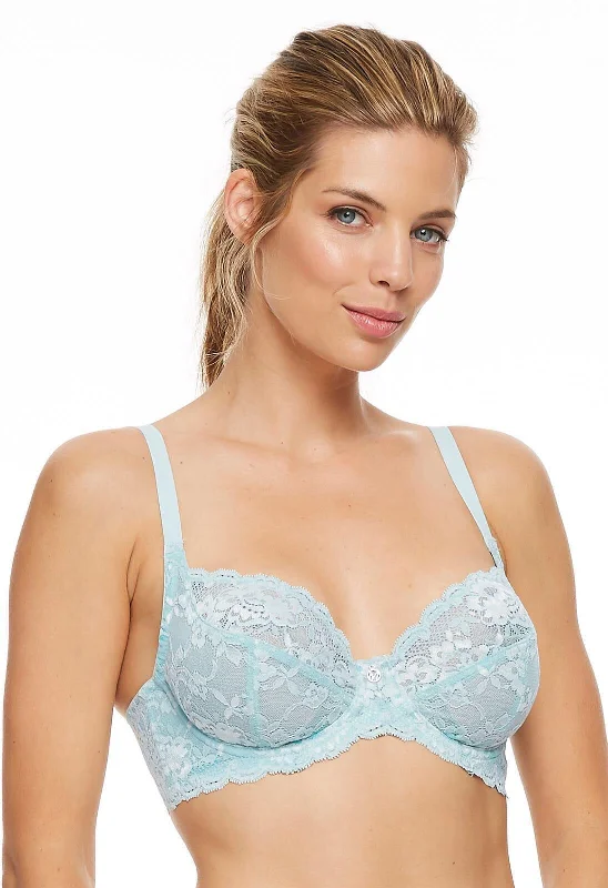 Bra with a cross - back strap design for a trendy look MONTELLE 9323 DIVINE FULL COVERAGE LACE BRA IN PEARLY SEA/WHITE Bra with a cross - back strap design for a trendy look MONTELLE 9323 DIVINE FULL COVERAGE LACE BRA IN PEARLY SEA/WHITE