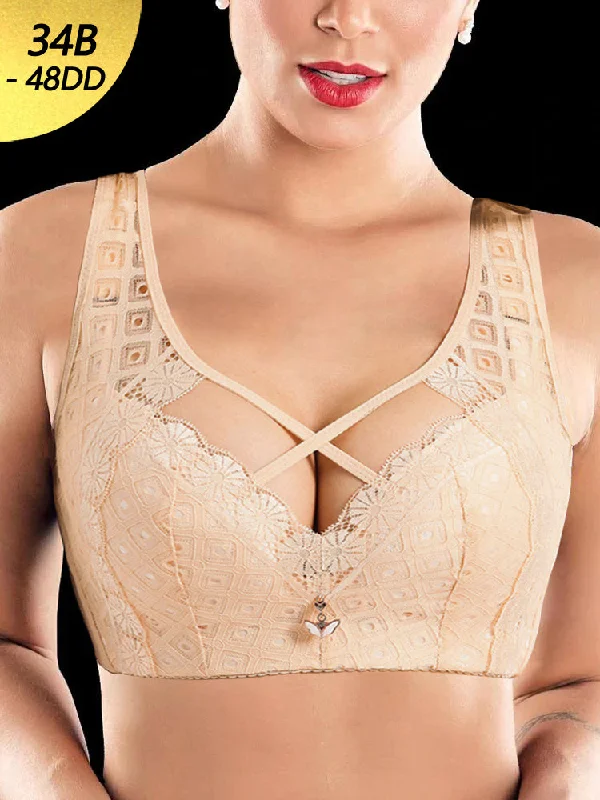Bra with a seamless cup for a smooth silhouette Women's Sexy Front Criss-Cross Lace Minimizer Bra Bra with a seamless cup for a smooth silhouette Women's Sexy Front Criss-Cross Lace Minimizer Bra
