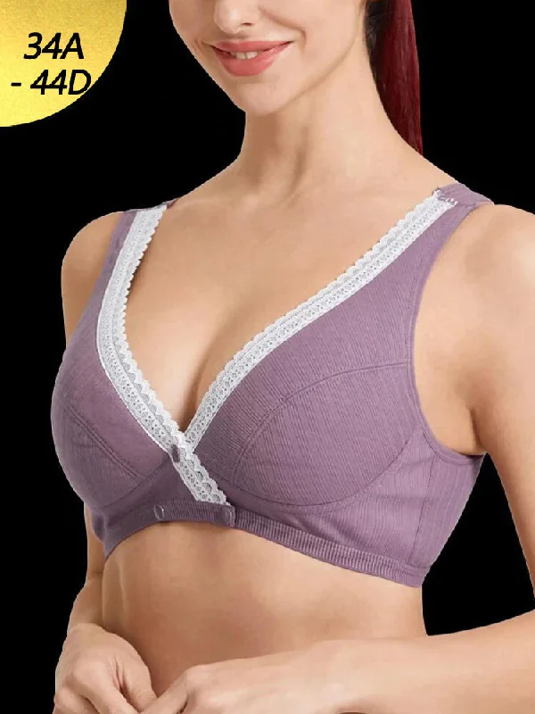 Bra with a plus - size underbust band for a secure fit​ V-Neck Front Button Closure Cotton Wireless Bra