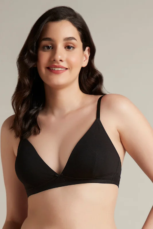 moisture wicking women T Shirt Bras for workouts Trendy Plunge Padded Non-Wired Cotton Bra - Black