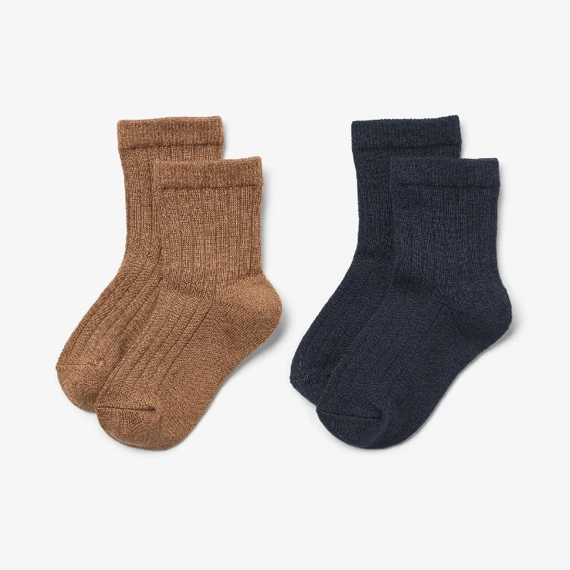 Tights with Floral Designs 2 pk Wool Rib Socks Vilde - navy