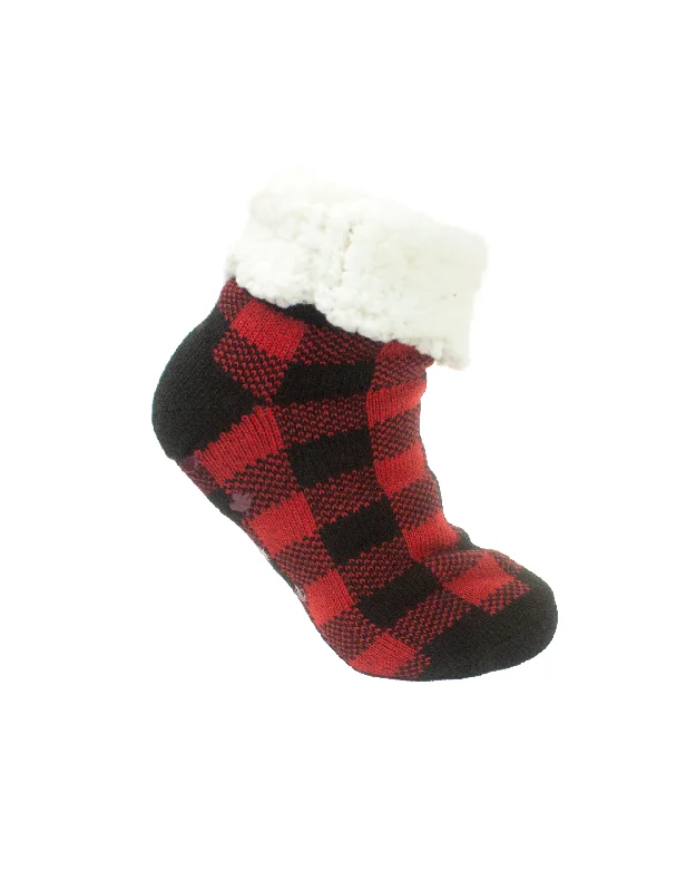 Upcycled Sock Slippers for an Eco - Conscious Choice​ Maple Leaf Buffalo Plaid Ankle Slipper Sock - Red