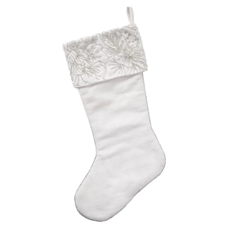 Over - the - knee stockings with a thigh - high design Hand Beaded Floral Cuff Stocking in Silver and Ivory