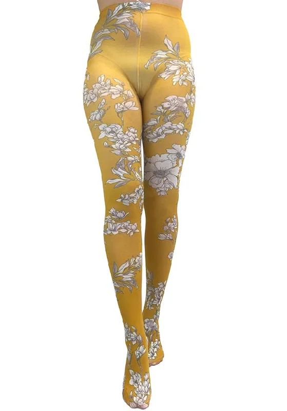 Dance - wear stockings for performances Jasmine Floral Printed [Mustard] | TIGHTS
