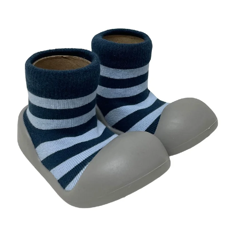 Tights with Floral Designs Rubber Soled Socks - Blue/Navy Stripe