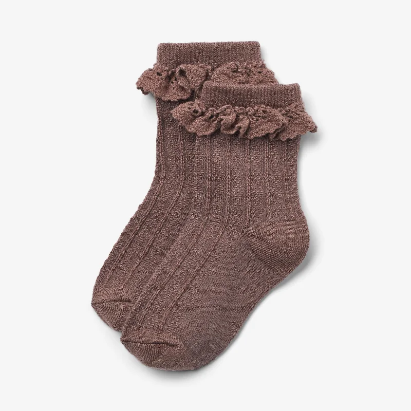 Tights with Floral Designs Wool Lace Socks Nora - shadow brown